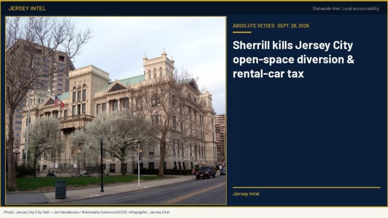 Sherrill’s absolute vetoes kill Jersey City open-space diversion and rental-car tax — citing 2016 voters and ‘one-shots’
