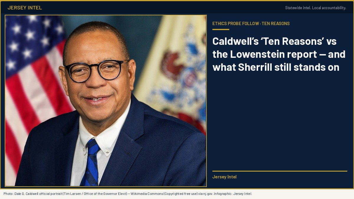 Dale G. Caldwell official portrait — Tim Larsen / Office of the Governor Elect (nj.gov). Jersey Intel infographic.