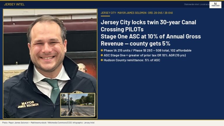 Jersey City locks twin 30-year Canal Crossing PILOTs — Stage One ASC at 10% of gross revenue, county gets 5%