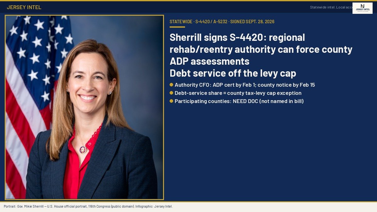 Gov. Mikie Sherrill official portrait with S-4420 ADP levy-cap chalk — Jersey Intel