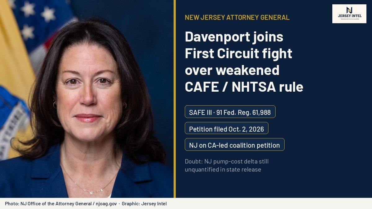 AG Jennifer Davenport official portrait with Jersey Intel callouts: SAFE III 91 Fed. Reg. 61,988; petition filed Oct. 2, 2026; NJ on CA-led coalition; doubt note on unquantified NJ pump-cost delta