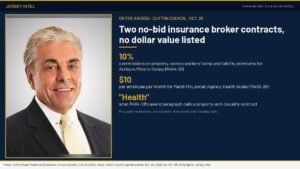 Jersey Intel infographic: Clifton council to vote on two no-bid insurance broker contracts with no dollar value listed; official portrait of Clifton Mayor Raymond Grabowski