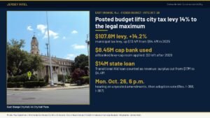 Jersey Intel infographic: East Orange City Hall with key figures from the city's introduced 2026 municipal budget, including a $107.8 million municipal tax levy, up 14.2%, and a $14 million state Transitional Aid loan, ahead of the Oct. 26 council vote.