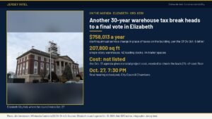Jersey Intel infographic: Elizabeth Ordinance 6330, a 30-year tax exemption for a 207,800-square-foot warehouse with a $758,013 starting annual service charge; final vote scheduled Oct. 27, 2026; photo of Elizabeth City Hall