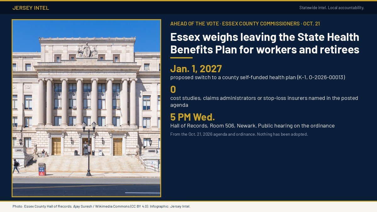 Jersey Intel infographic: Essex County commissioners weigh leaving the State Health Benefits Plan for workers and retirees on Jan. 1, 2027; hearing 5 p.m. Wednesday; photo of the Essex County Hall of Records