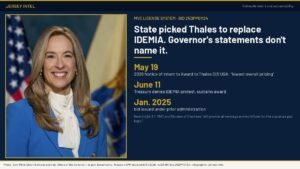 Gov. Mikie Sherrill official portrait beside a Jersey Intel infographic: State picked Thales to replace IDEMIA; May 19 notice of intent to award; June 11 protest denied; bid issued January 2025