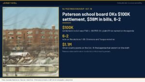 Jersey Intel infographic: NJ meetings roundup for Oct. 19, 2026 — Paterson school board approves $100,000 settlement and $38M in bills on a 6-2 vote; photo of Eastside High School, Paterson