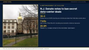 Jersey Intel infographic: N.J. Senate votes 38-0 to ban secret data-center deals; seven bills go to Gov. Mikie Sherrill; Newark, N.J. awards a $5.9 million sludge contract to its only bidder. Photo of the New Jersey State House in Trenton.