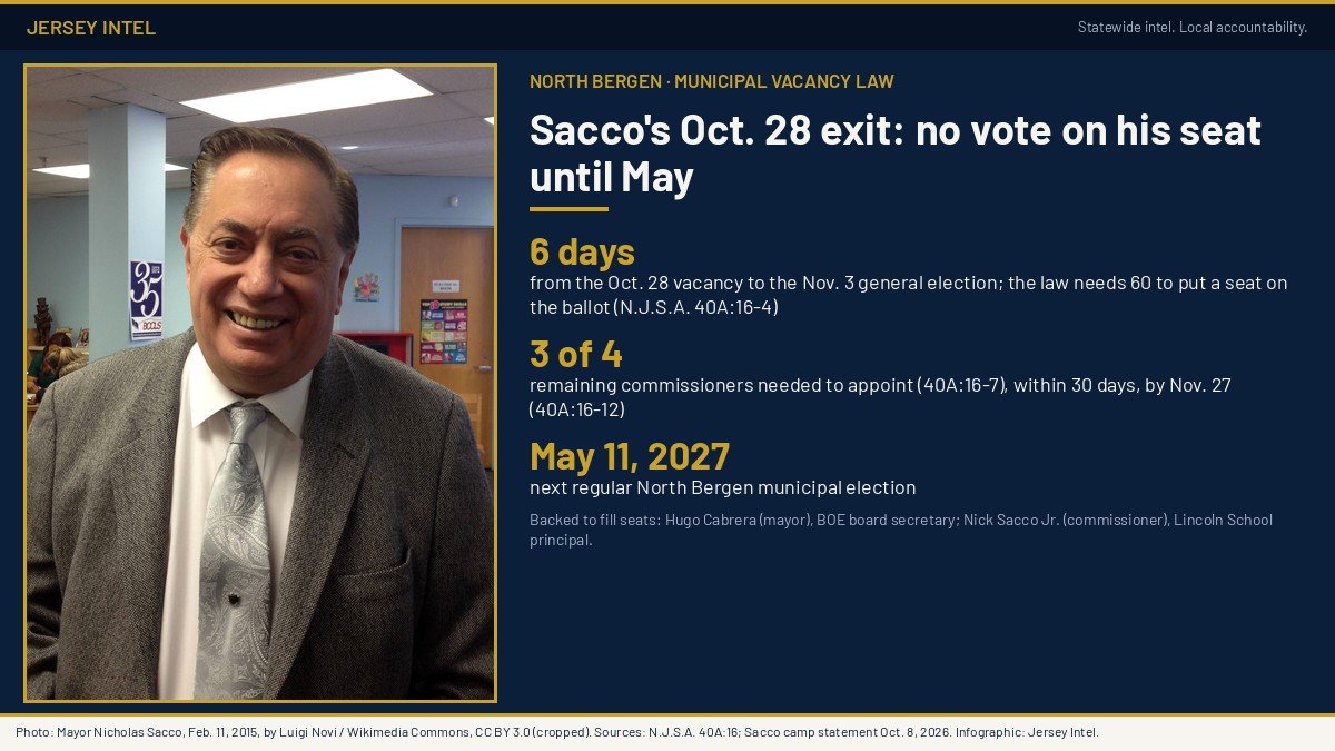 Mayor Nicholas Sacco photo beside a Jersey Intel infographic: Oct. 28 vacancy is 6 days before the Nov. 3 general election; 3 of 4 commissioners appoint within 30 days; next regular election May 11, 2027