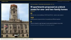 Jersey Intel infographic: Paterson zoning board to hear a 91-unit plan on a block zoned for one- and two-family homes, Oct. 22, 2026; photo of Paterson City Hall