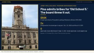 Jersey Intel infographic: Paterson City Hall, with figures on the Old School 5 zoning application and the bribes Cesar Pina admitted paying a Paterson official.